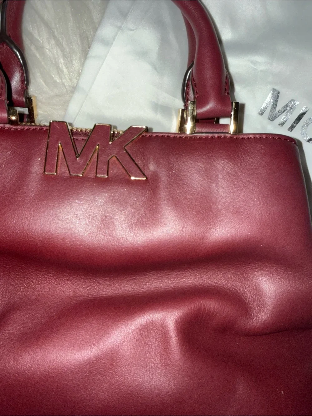 Michael Kors Wine Leather Satchel with Gold MK Accent